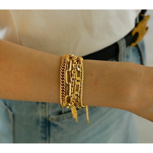 14K Gold Plated Stainless Steel Chain Bracelets for Women - Adjustable Layered H - Picture 4 of 5